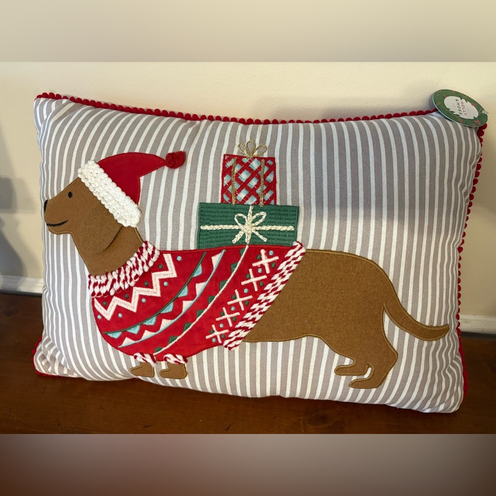 Holiday Dachshund Pillow with Red and Green Accents